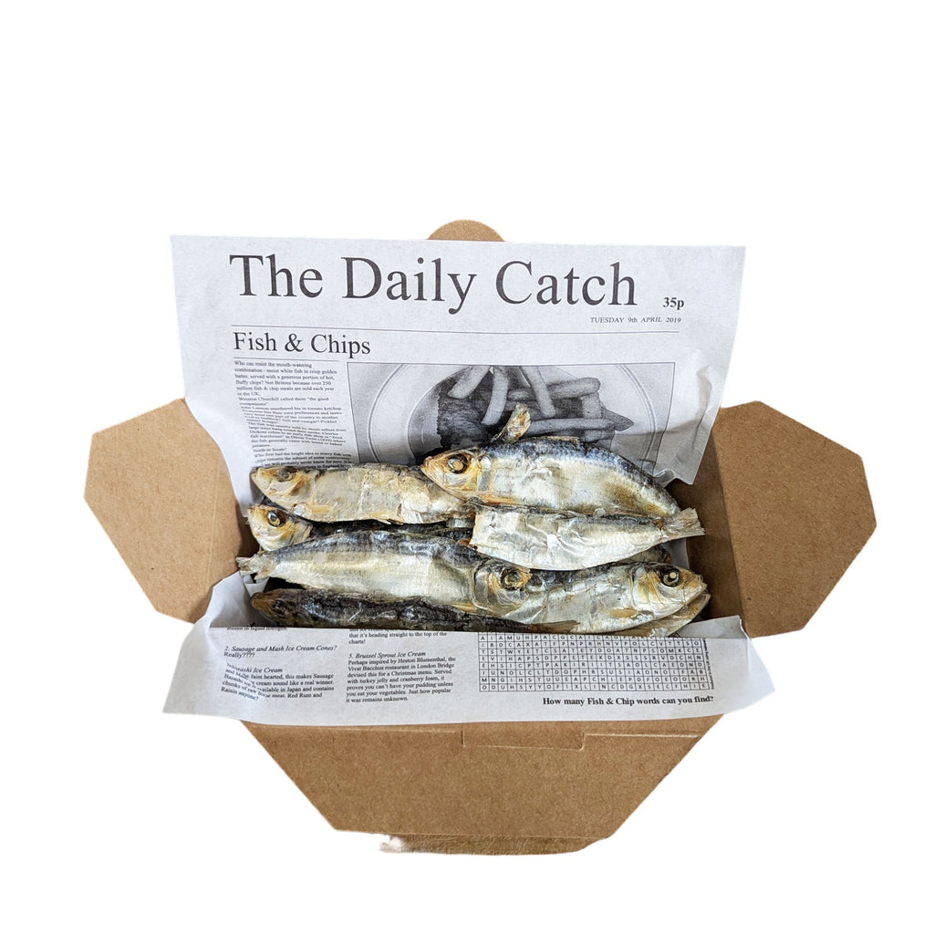 A cardboard box filled with dried sprats, wrapped in newspaper labeled "The Daily Catch." The newspaper includes a headline about Fish & Chips and a crossword puzzle.