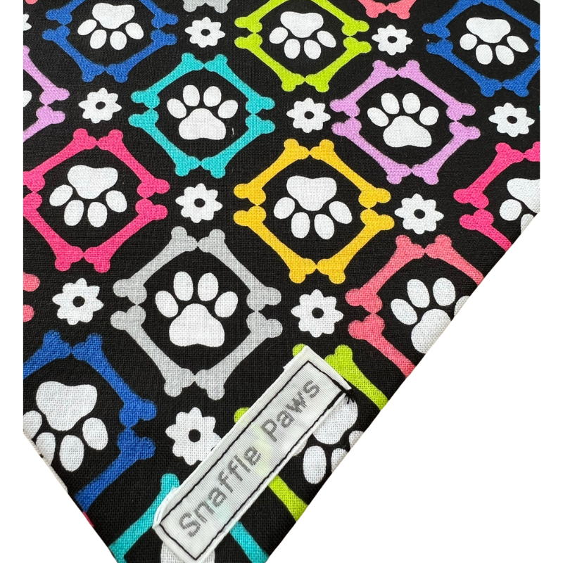 Multi coloured paws and bones dog bandana