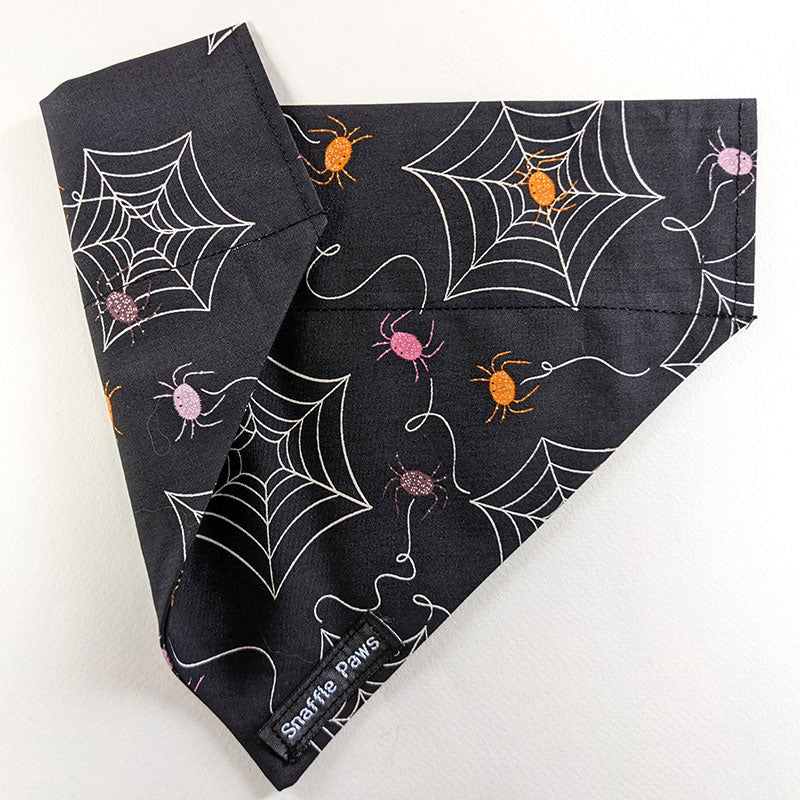 Snazzy pink and orange spiders and cobwebs dog bandana both sides